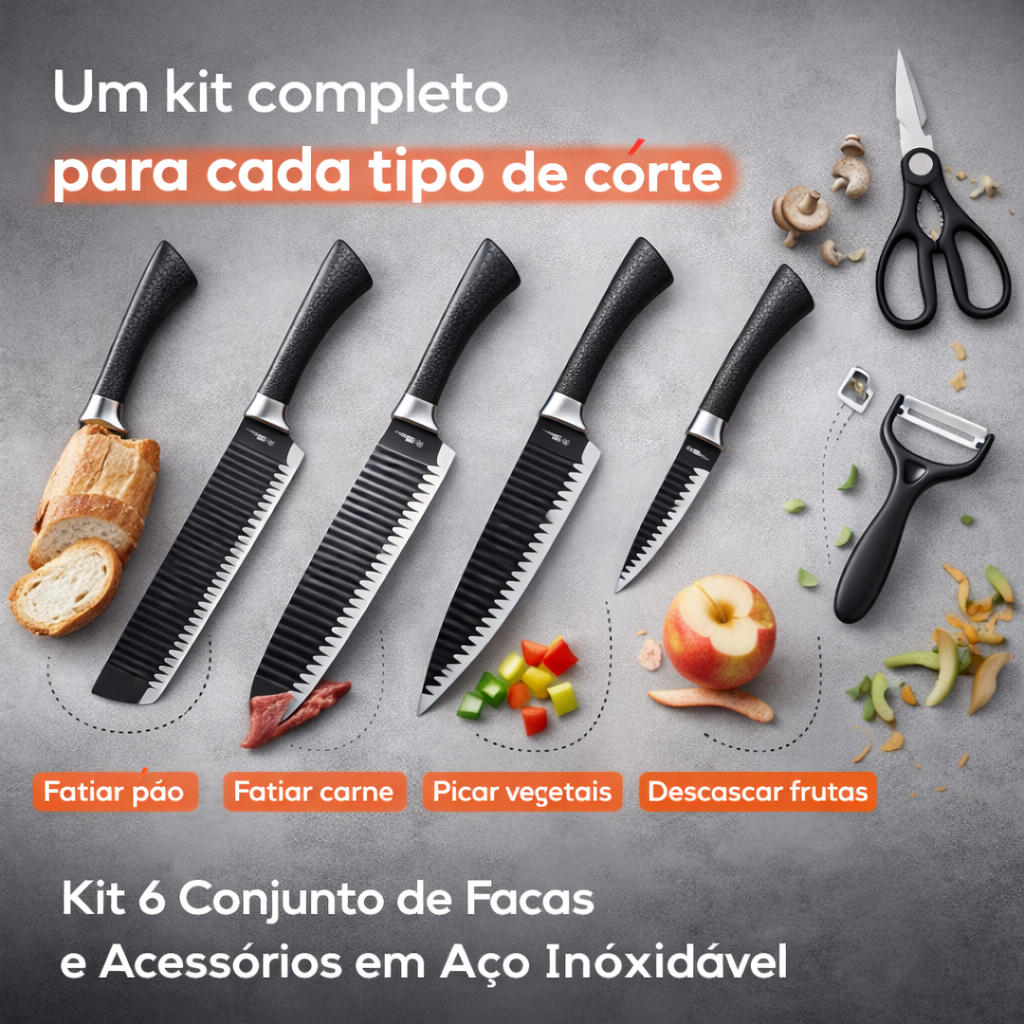 Kit 6 Conjunto de Facas e Acessórios em Aço Inoxidável