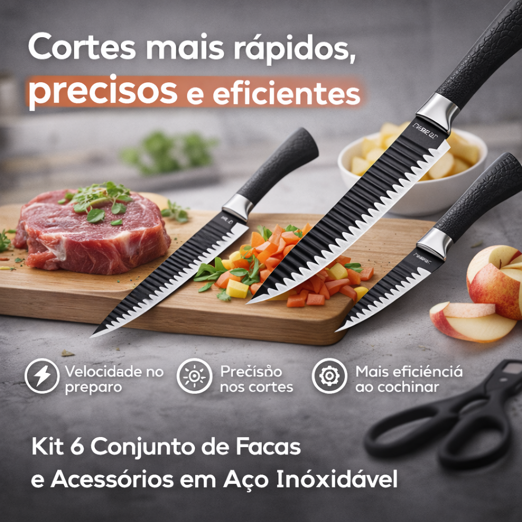 Kit 6 Conjunto de Facas e Acessórios em Aço Inoxidável