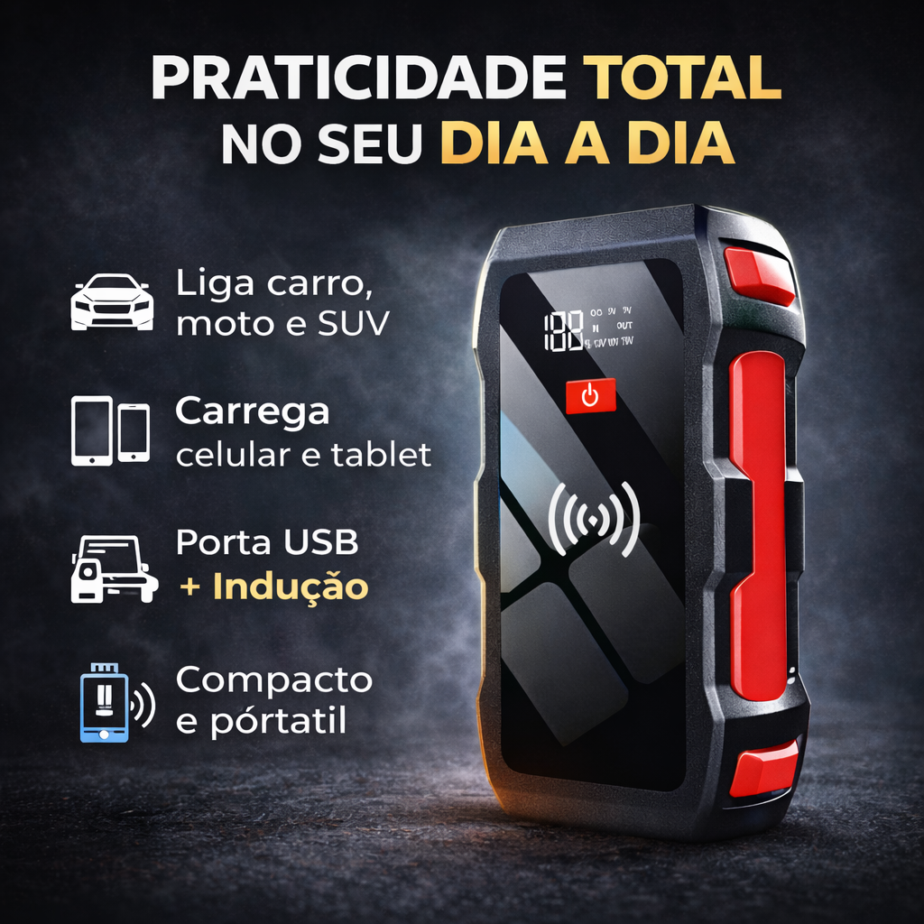 Auxiliador Partida PowerBank Portátil Multifuncional Indução 12000mAh 12V Moto Carro Celular