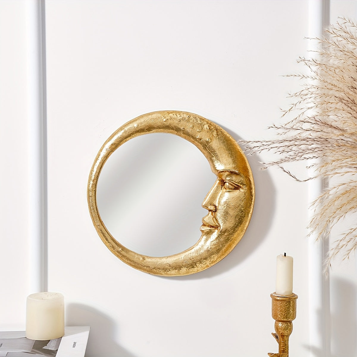 Espelho Decorativo Redondo Dourado Lua Crescente