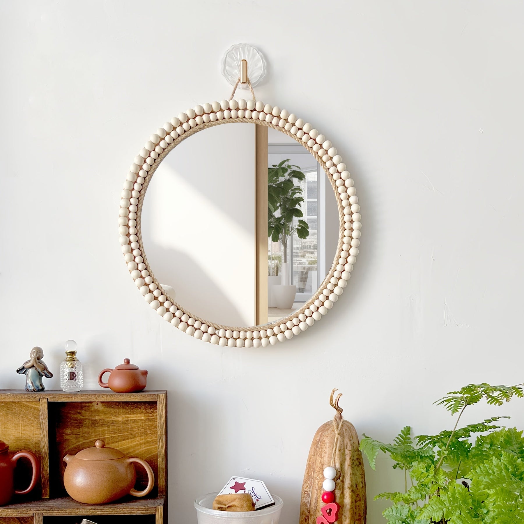 Espelho de Parede Boho com Contas de Madeira