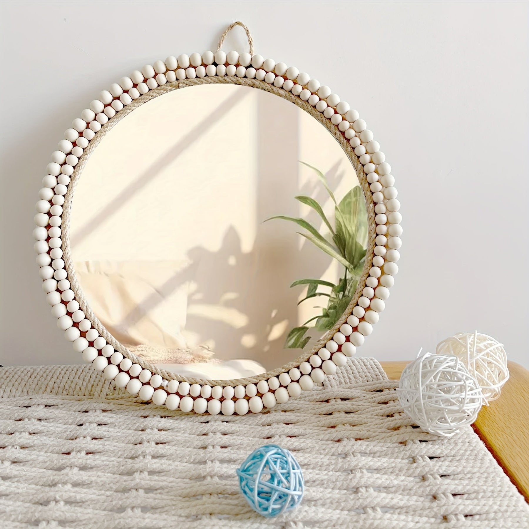 Espelho de Parede Boho com Contas de Madeira