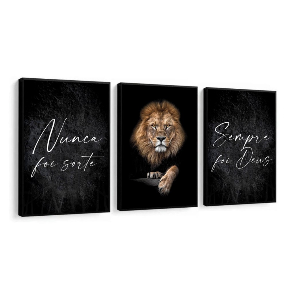 Kit Quadros Decorativos Mosaico 3 Peças Trio Frase Nunca Foi Sorte Sempre Foi Deus Salmo Leão Judá Rústico Personalizado