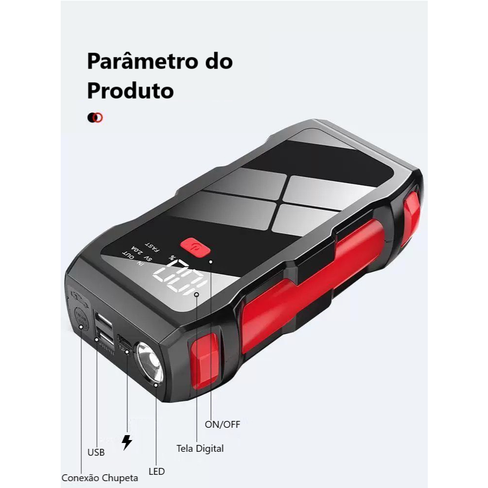 Auxiliador Partida PowerBank Portátil Multifuncional Indução 12000mAh 12V Moto Carro Celular