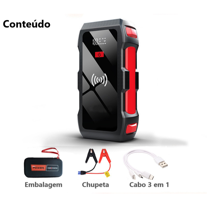 Auxiliador Partida PowerBank Portátil Multifuncional Indução 12000mAh 12V Moto Carro Celular