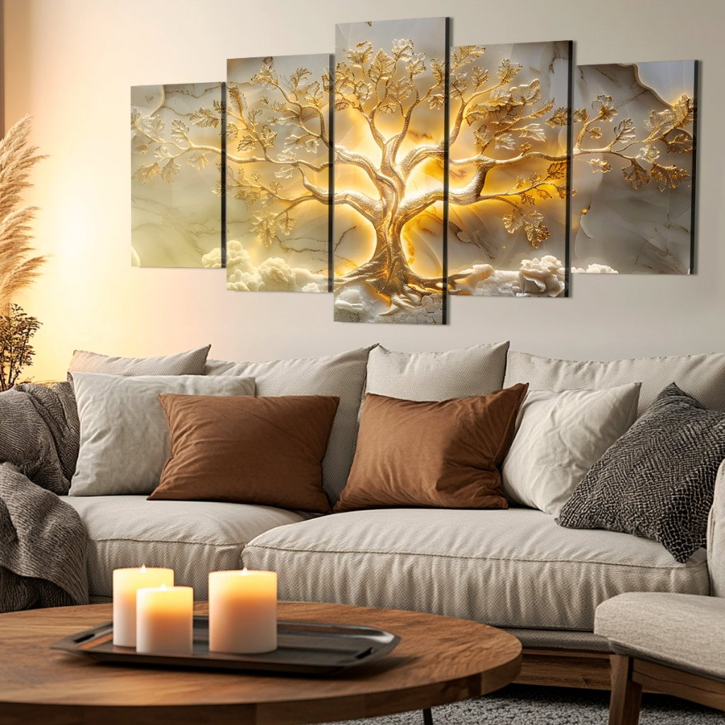 Quadros Decorativos Arte Árvore Da Vida Ouro Sala Quarto Mosaico 5 Peças