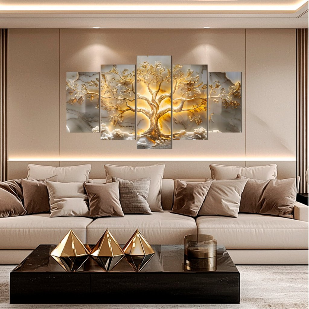 Quadros Decorativos Arte Árvore Da Vida Ouro Sala Quarto Mosaico 5 Peças