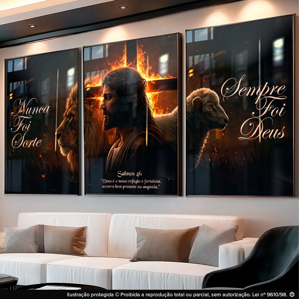 Quadro Decorativos 3pçs Religioso Fé Jesus Leão Ovelha Salmos Frase Motivacional para Sala Hall