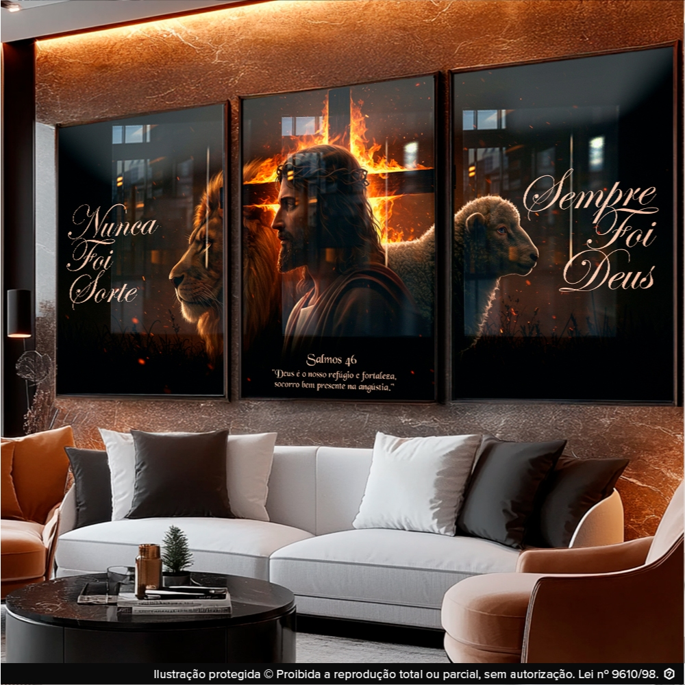 Quadro Decorativos 3pçs Religioso Fé Jesus Leão Ovelha Salmos Frase Motivacional para Sala Hall