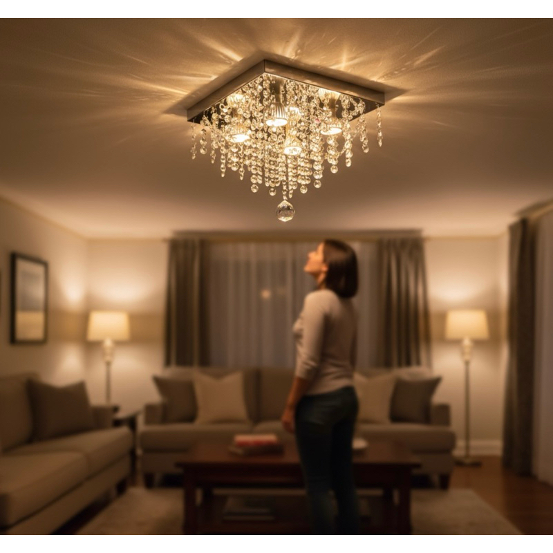 Lustre de Cristal Acrílico C/ Leds Inclusos 30x30 Luxo Atena Pentente Sala Quarto Hall Salão