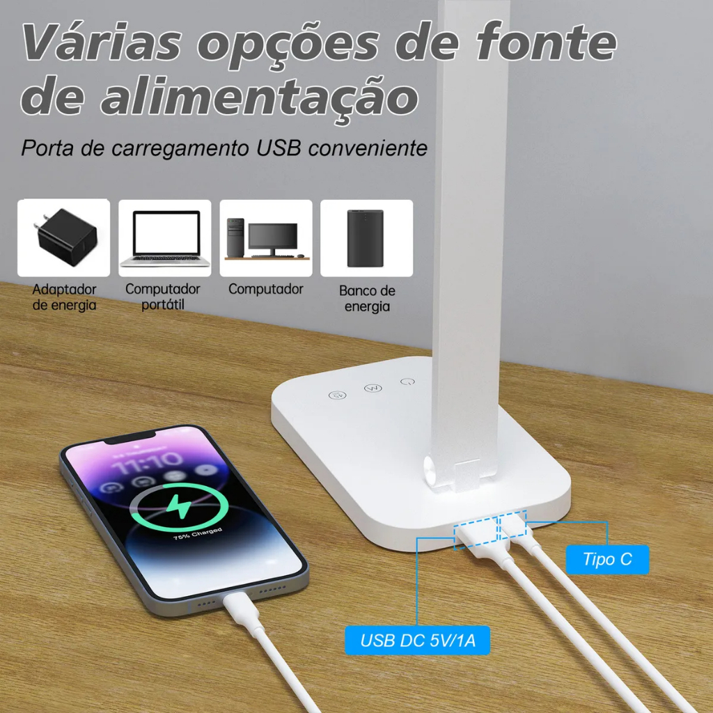 Luminária Abajur de Mesa LED Dobrável com Timer e Controle de Brilho Três temperaturas de cor Estudantes e Escritório