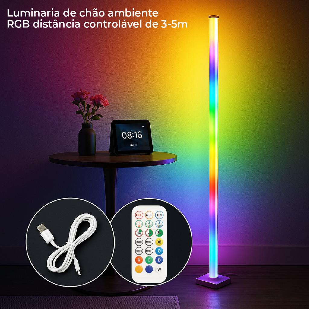 Kit 2 Luminária de Chão RGB LED 5050 Torre Inteligente com Controle 9.6W Barra Modo Música via USB