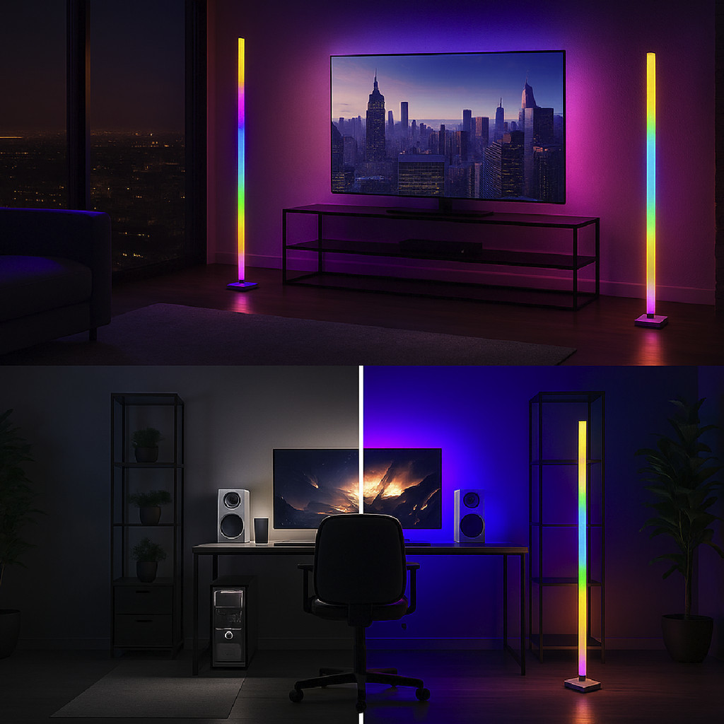Kit 2 Luminária de Chão RGB LED 5050 Torre Inteligente com Controle 9.6W Barra Modo Música via USB