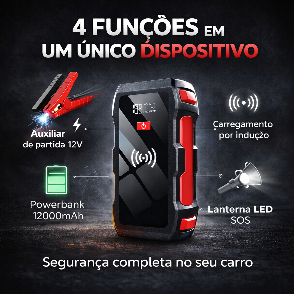 Auxiliador Partida PowerBank Portátil Multifuncional Indução 12000mAh 12V Moto Carro Celular