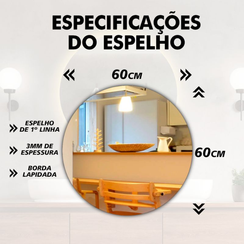 Espelho Redondo 60cm Com Iluminação LED