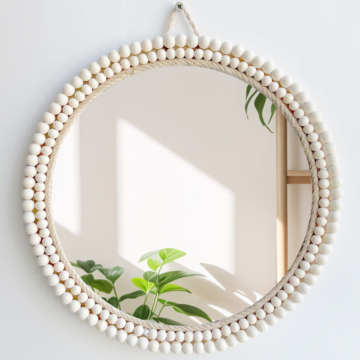 Espelho de Parede Boho com Contas de Madeira