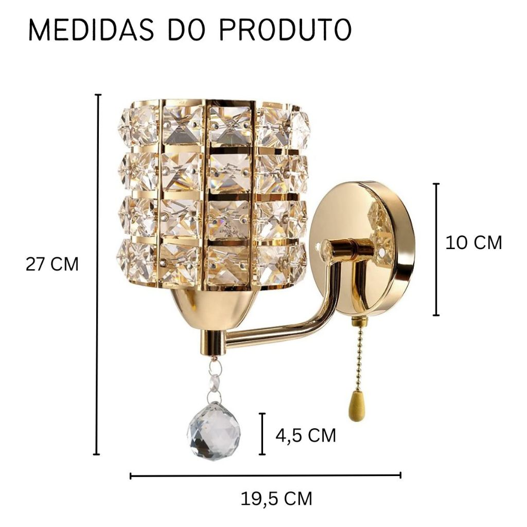 Kit com 2 arandelas luminárias de parede decorativa de cristal moderna luxuosa dourada