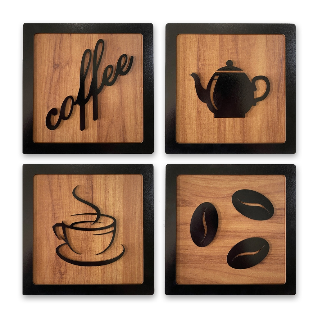 Kit 4 Quadros Cantinho Do Café Mdf Relevo 3d Plaquinha 15cm Decoração Para Cozinha