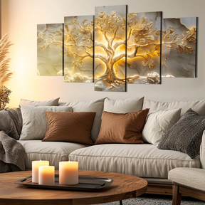 Quadros Decorativos Arte Árvore Da Vida Ouro Sala Quarto Mosaico 5 Peças