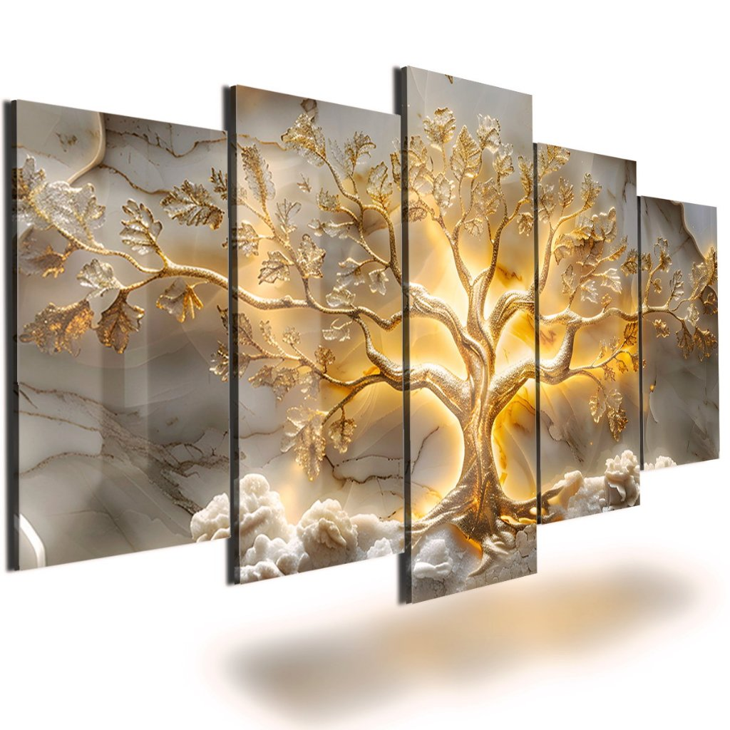 Quadros Decorativos Arte Árvore Da Vida Ouro Sala Quarto Mosaico 5 Peças