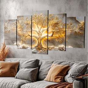 Quadros Decorativos Arte Árvore Da Vida Ouro Sala Quarto Mosaico 5 Peças