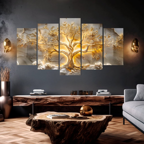 Quadros Decorativos Arte Árvore Da Vida Ouro Sala Quarto Mosaico 5 Peças