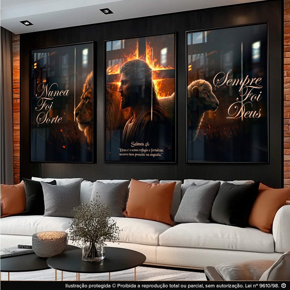 Quadro Decorativos 3pçs Religioso Fé Jesus Leão Ovelha Salmos Frase Motivacional para Sala Hall