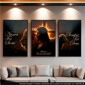 Quadro Decorativos 3pçs Religioso Fé Jesus Leão Ovelha Salmos Frase Motivacional para Sala Hall