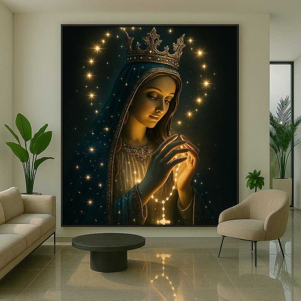Quadro Nossa Senhora com Terço – Luz, Fé e Devoção para Abençoar Seu Lar Religioso Católico igreja