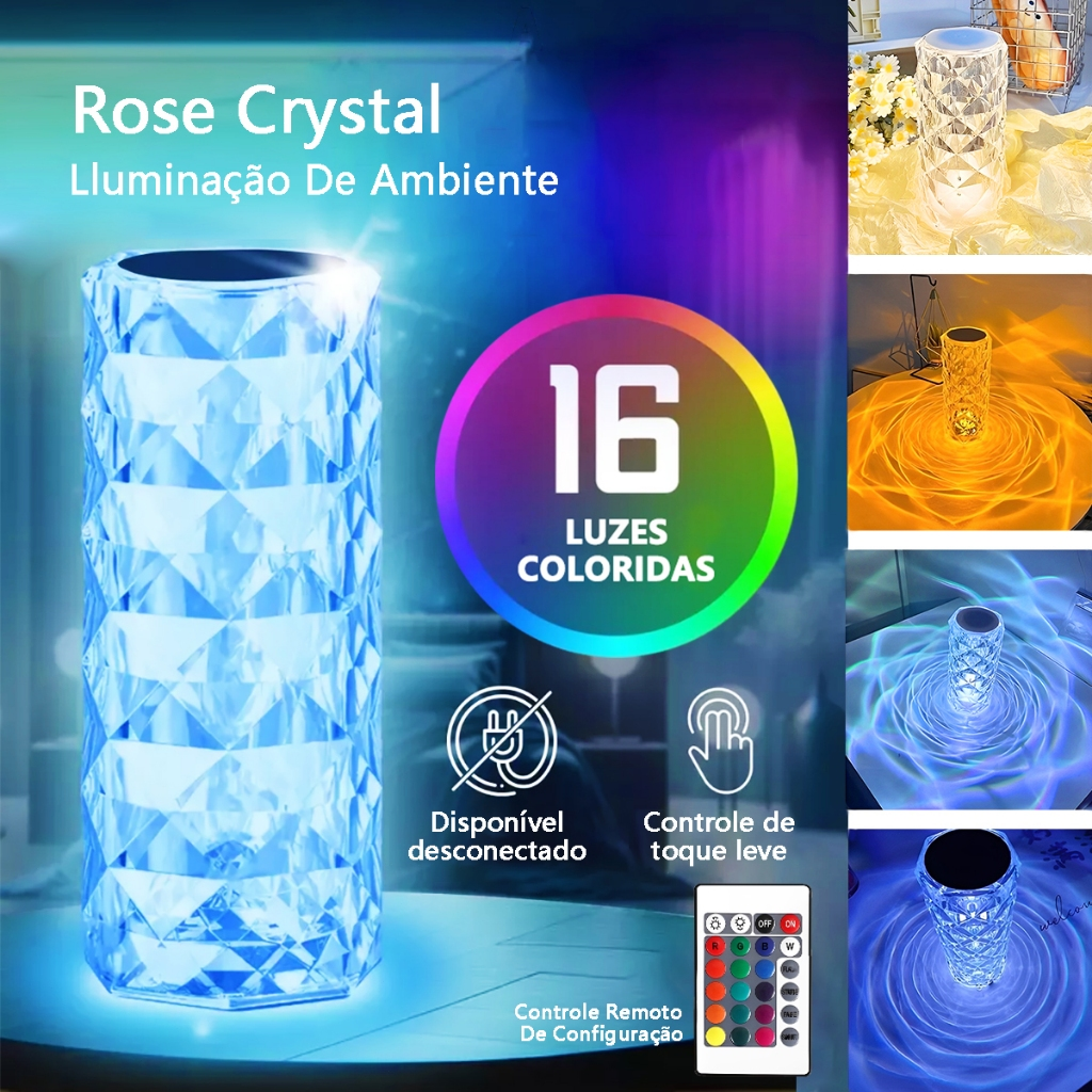 Luminária De Mesa De Cristal LED Com 16 Cores De Luz Projetor Diamante Controle De Toque Cabeceira