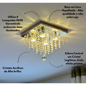 Lustre de Cristal Acrílico C/ Leds Inclusos 30x30 Luxo Atena Pentente Sala Quarto Hall Salão