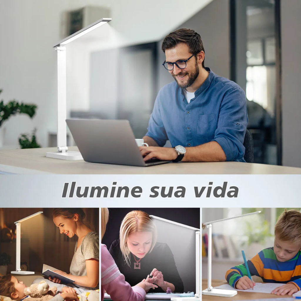 Luminária Abajur de Mesa LED Dobrável com Timer e Controle de Brilho Três temperaturas de cor Estudantes e Escritório
