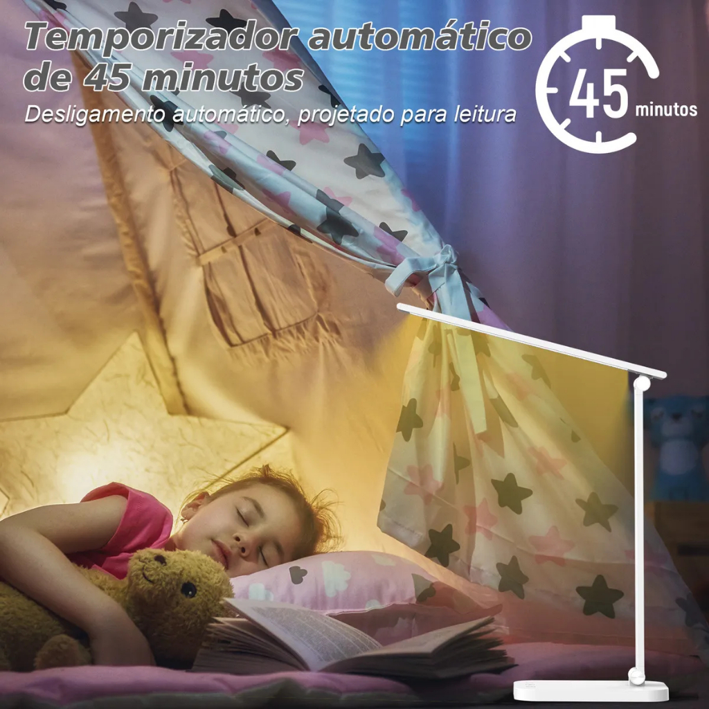 Luminária Abajur de Mesa LED Dobrável com Timer e Controle de Brilho Três temperaturas de cor Estudantes e Escritório