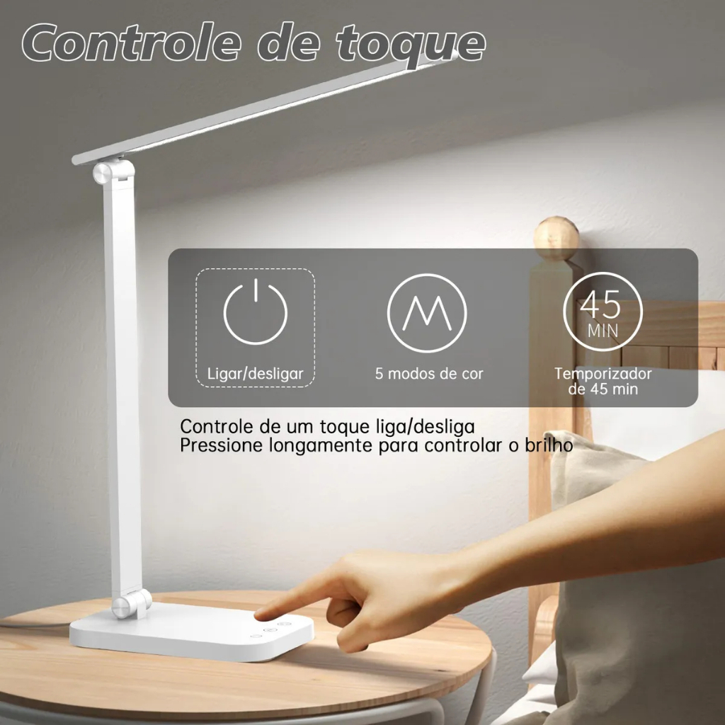 Luminária Abajur de Mesa LED Dobrável com Timer e Controle de Brilho Três temperaturas de cor Estudantes e Escritório