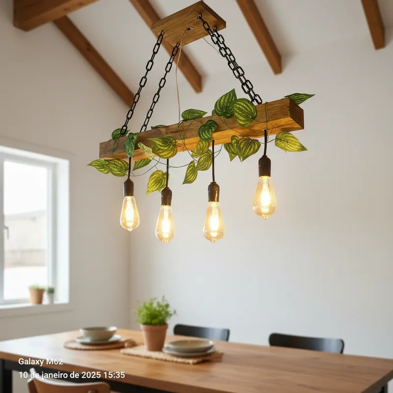 Lustre Rústico de Madeira com Corrente e Folhagem – 4 Pendentes Vintage Bivolt para Sala e Cozinha