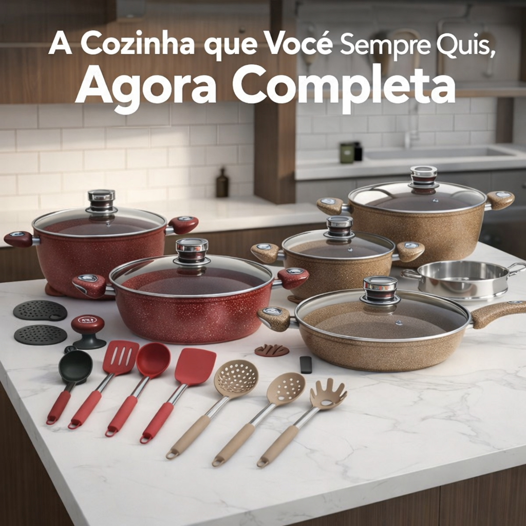 Jogo de Panelas 18 peças Indução Antiaderente com Revestimento Cerâmico e Tampa Termostato com Acessórios