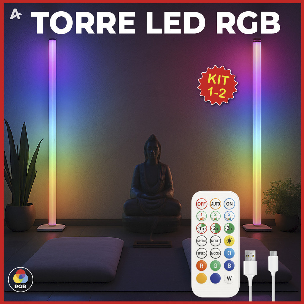 Kit 2 Luminária de Chão RGB LED 5050 Torre Inteligente com Controle 9.6W Barra Modo Música via USB