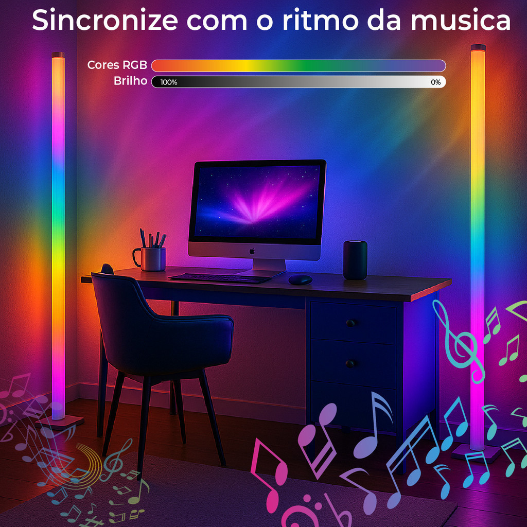 Kit 2 Luminária de Chão RGB LED 5050 Torre Inteligente com Controle 9.6W Barra Modo Música via USB