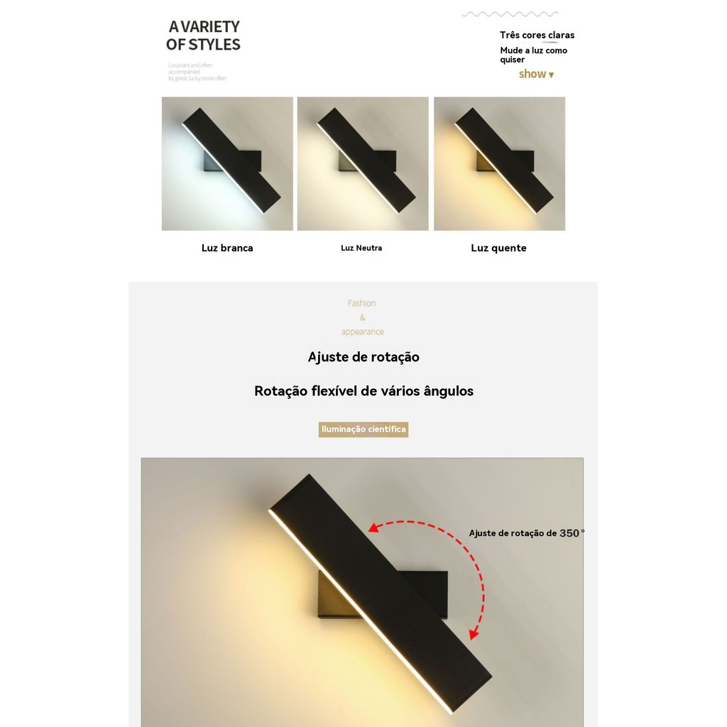 Arandela Zenit 12W Rotativa com 3 Cores Design Ajustável e Iluminação Direcionada