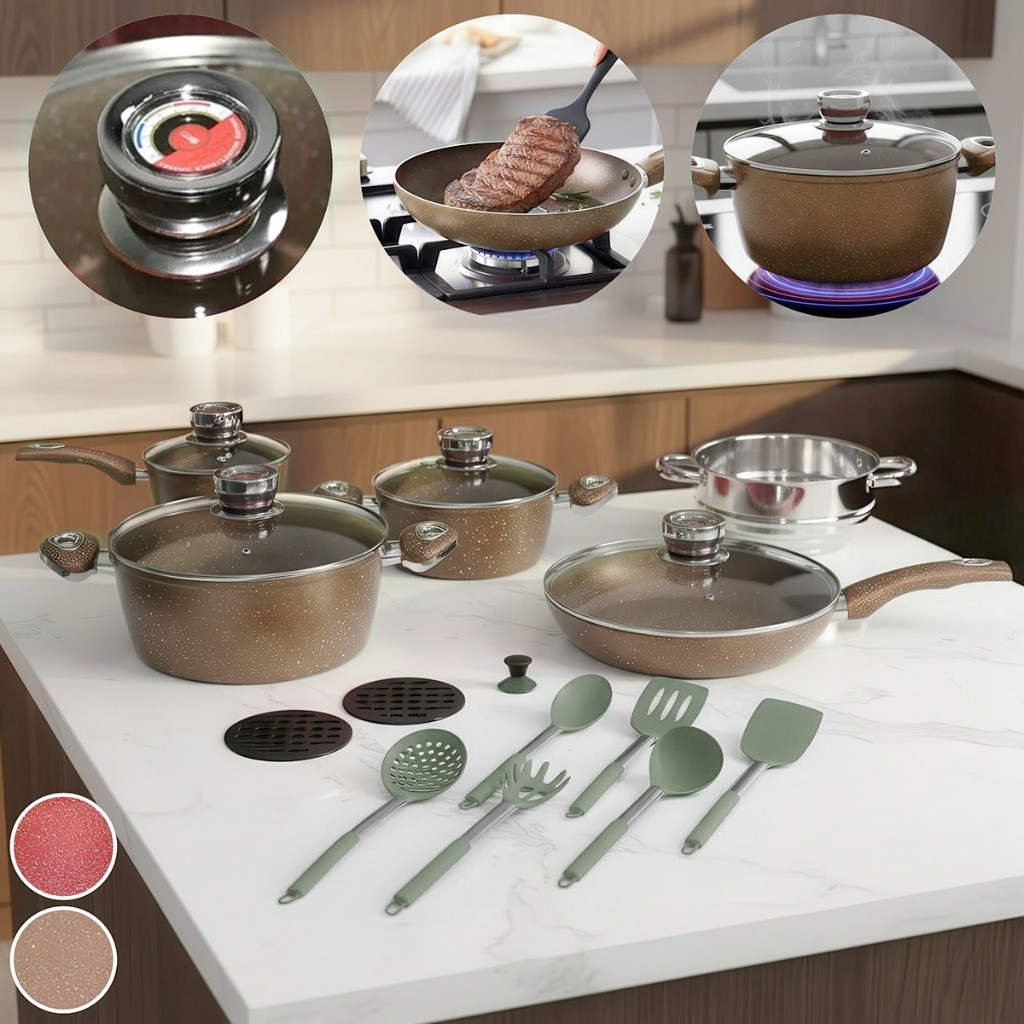 Jogo de Panelas 18 peças Indução Antiaderente com Revestimento Cerâmico e Tampa Termostato com Acessórios